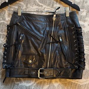 Adaptation Black Leather Mini Skirt with Lace-Up Detail